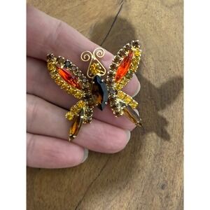 Vintage Amber Orange Rhinestone Butterfly Brooch Gold Tone Mid Century Pin